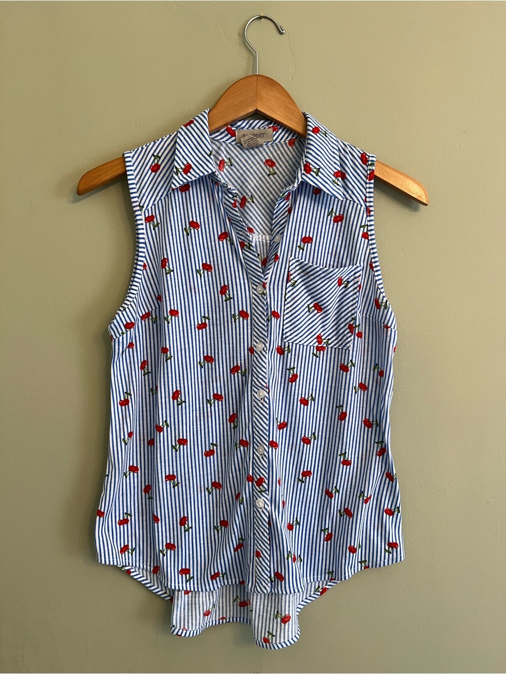 Sleeveless Cherry-Print Button Down Shirt - Blue, White, Red